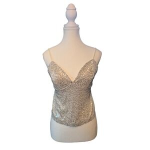 Facinelli Silver Sequin Cami Tank Top Adjustable Straps Party